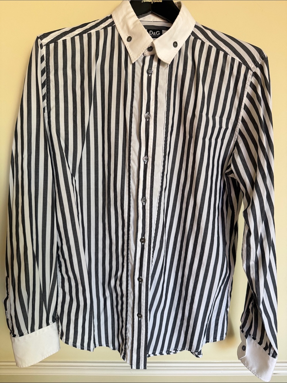 D&G Navy and White Striped Dress Shirt with White Contrast Collar Size 56